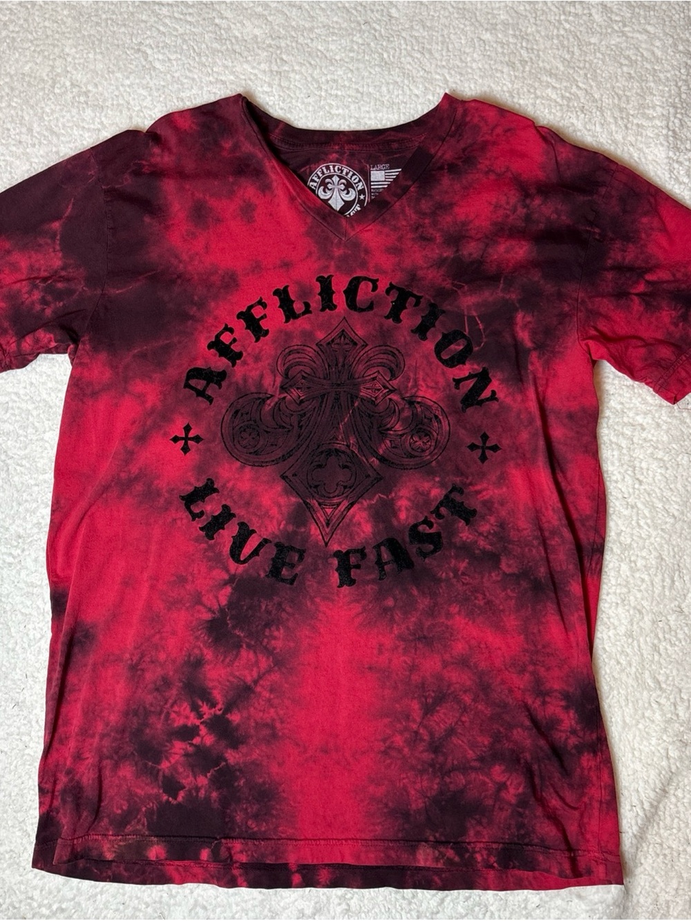 Affliction Shirt V Neck Men’s Large Live Fast Graphic All Over USA Made Y2K